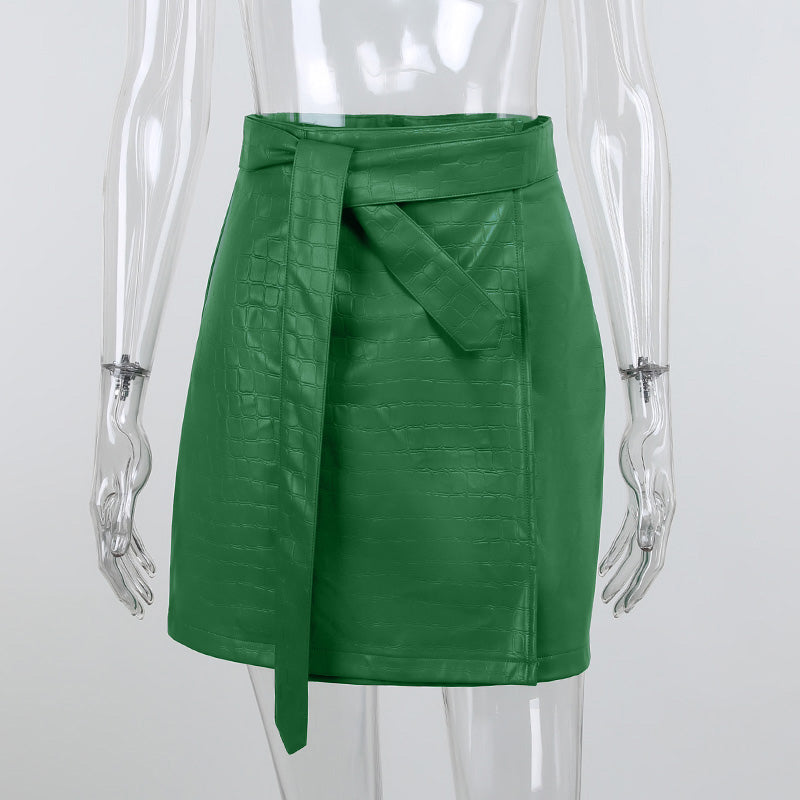 Mini Falda Envolvente Cuero Sintético PU Cintura Alta Abertura Tirantes Streetwear Hot Girl Verde Mujer