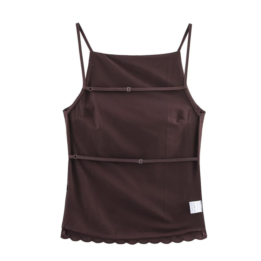 Conjunto Dos Piezas Top Bordado Espalda Descubierta Sin Mangas y Pantalón Largo Casual Poliéster Slim Fit Mujer Marrón