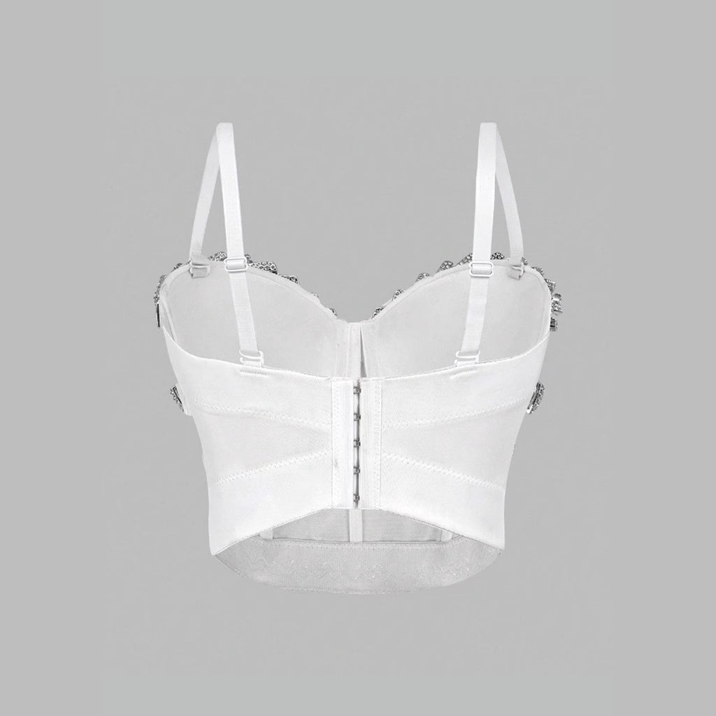 White Strapless Camisole Gathered Beaded Rhinestone Bustier Innerwear