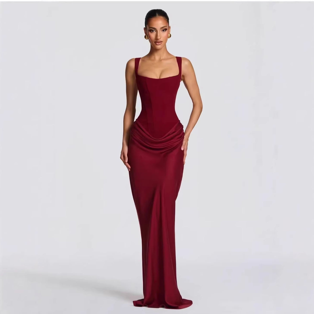 Vestido Largo Satén Sin Tirantes Ballenas Escote V Profundo Cruzado Ajustado Drapeado Elegante Noche Banquete Mujer Blanco Burdeos