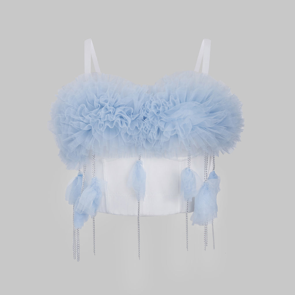 Mesh Strapless Top with Contrast Color Fishbone Design