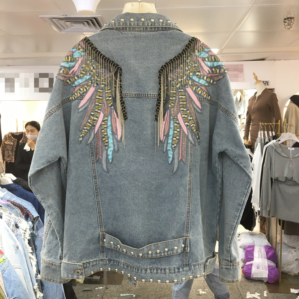 Chaqueta Vaquera Denim Algodón Holgada Manga Murciélago Bordado Alas Flecos Street Primavera Otoño Mujer Negro Azul