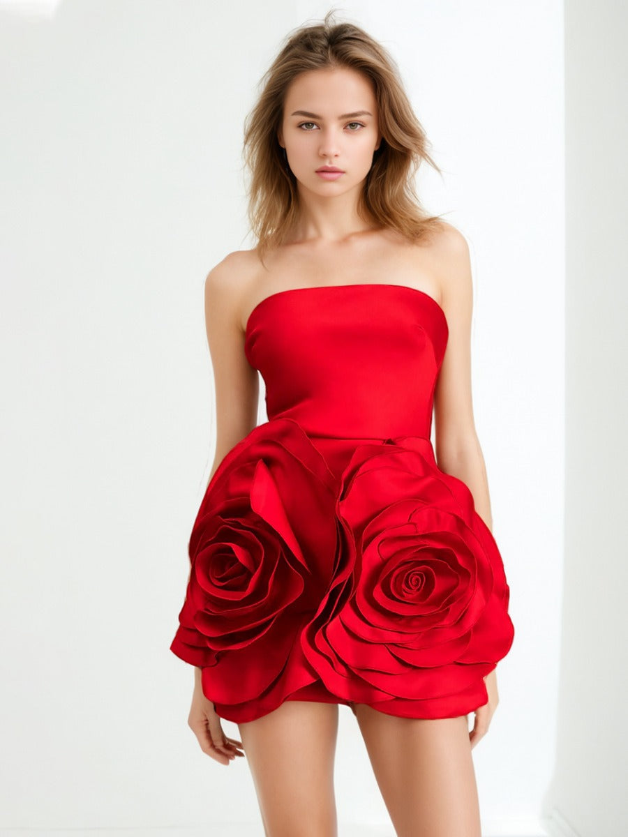 Vestido de fiesta para mujer con estilo femenino, palabra de honor, línea A, con rosas tridimensionales y grandes flores en patchwork.