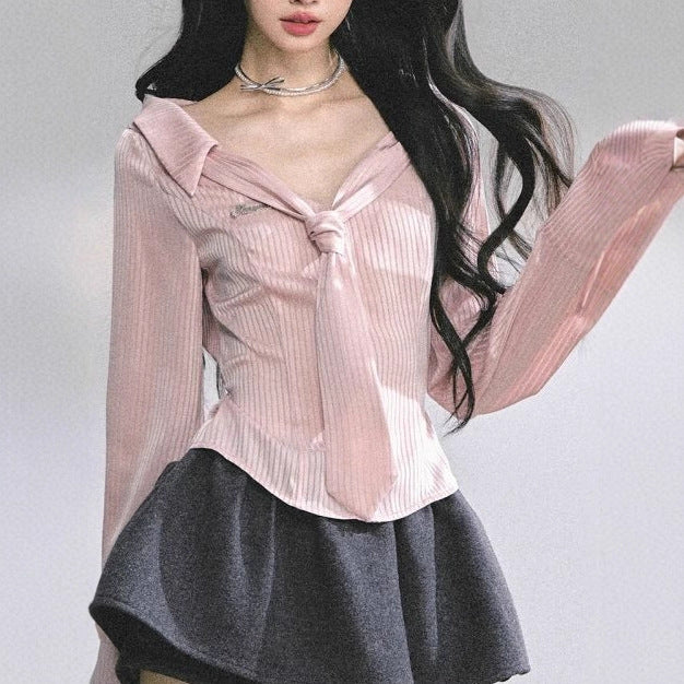 Striped Polo Collar Shirt Slim Fit Sweet Top