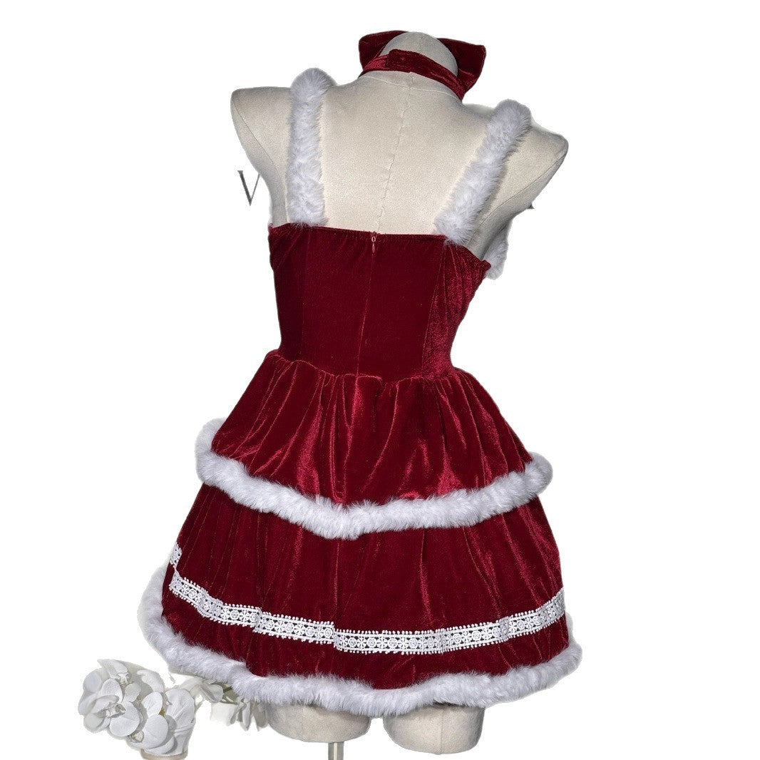 Halloween Red Velvet Sexy Bunny Costume Dress for Cosplay New Year Outfit