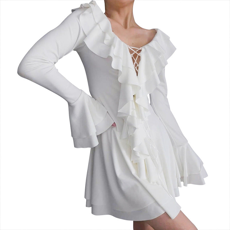 Women's Summer New Leaf Edge Pointed Collar Tied Rope Bell Sleeve Dress