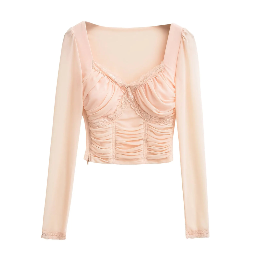 Lace patchwork V-neck long sleeved T-shirt with chest cushion