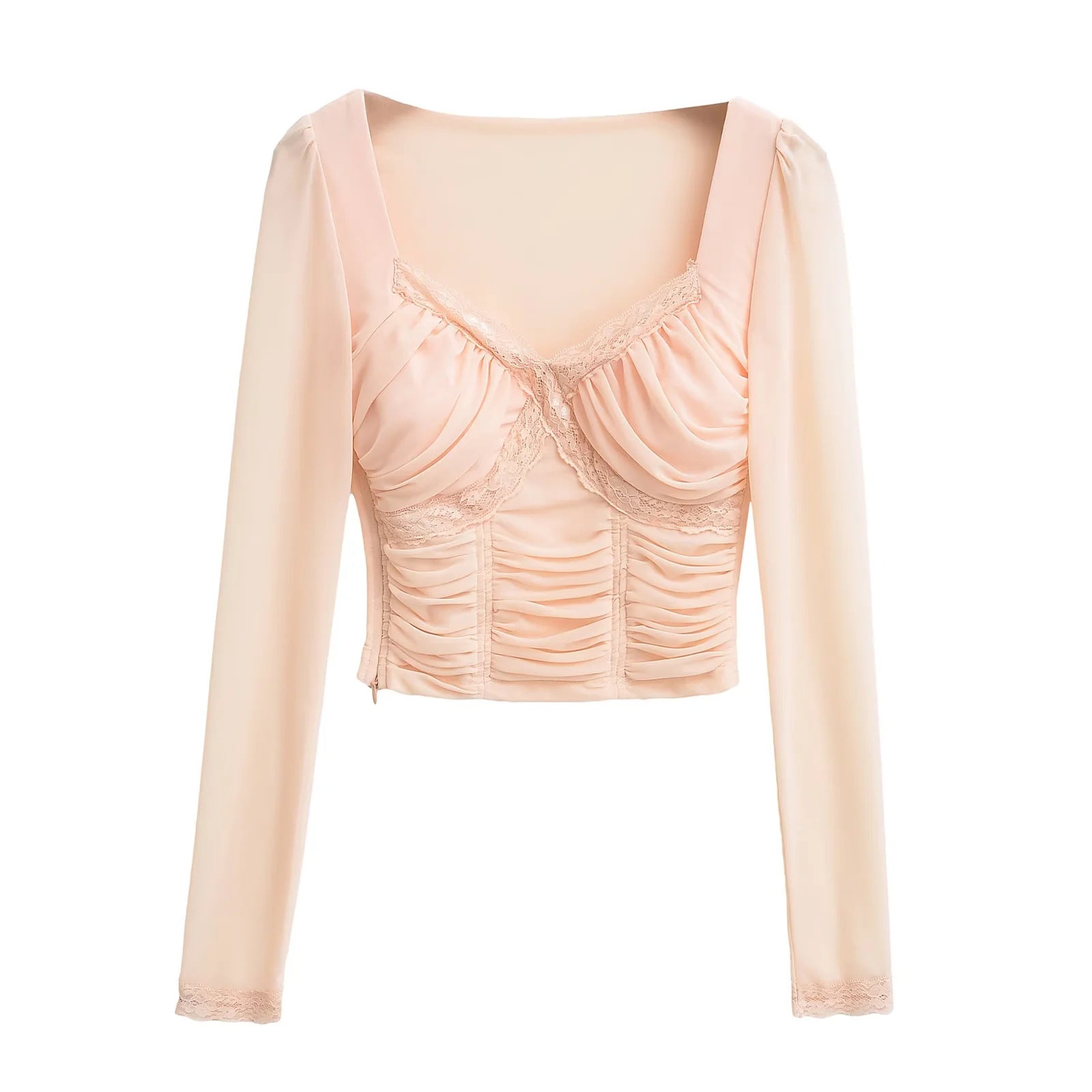 Lace patchwork V-neck long sleeved T-shirt with chest cushion