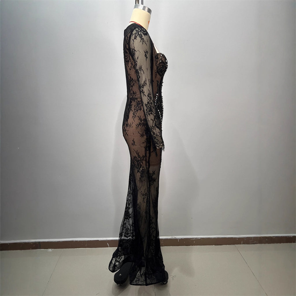 Vestido Largo Encaje Manga Tres Cuartos Escote V Ajustado Bordado Elaborado Elegante Fiesta Noche Mujer Negro