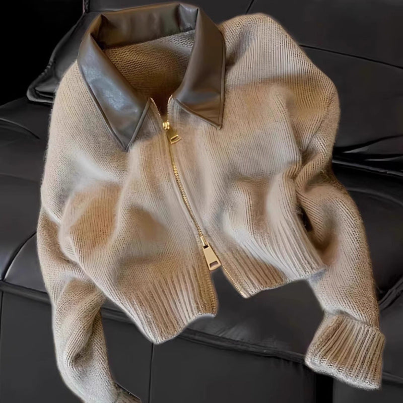 Jersey Punto Rayón Cuello Polo Abertura Delantera Manga Larga Talla Única Otoño Chic Commuter Mujer Negro Kaki Beige
