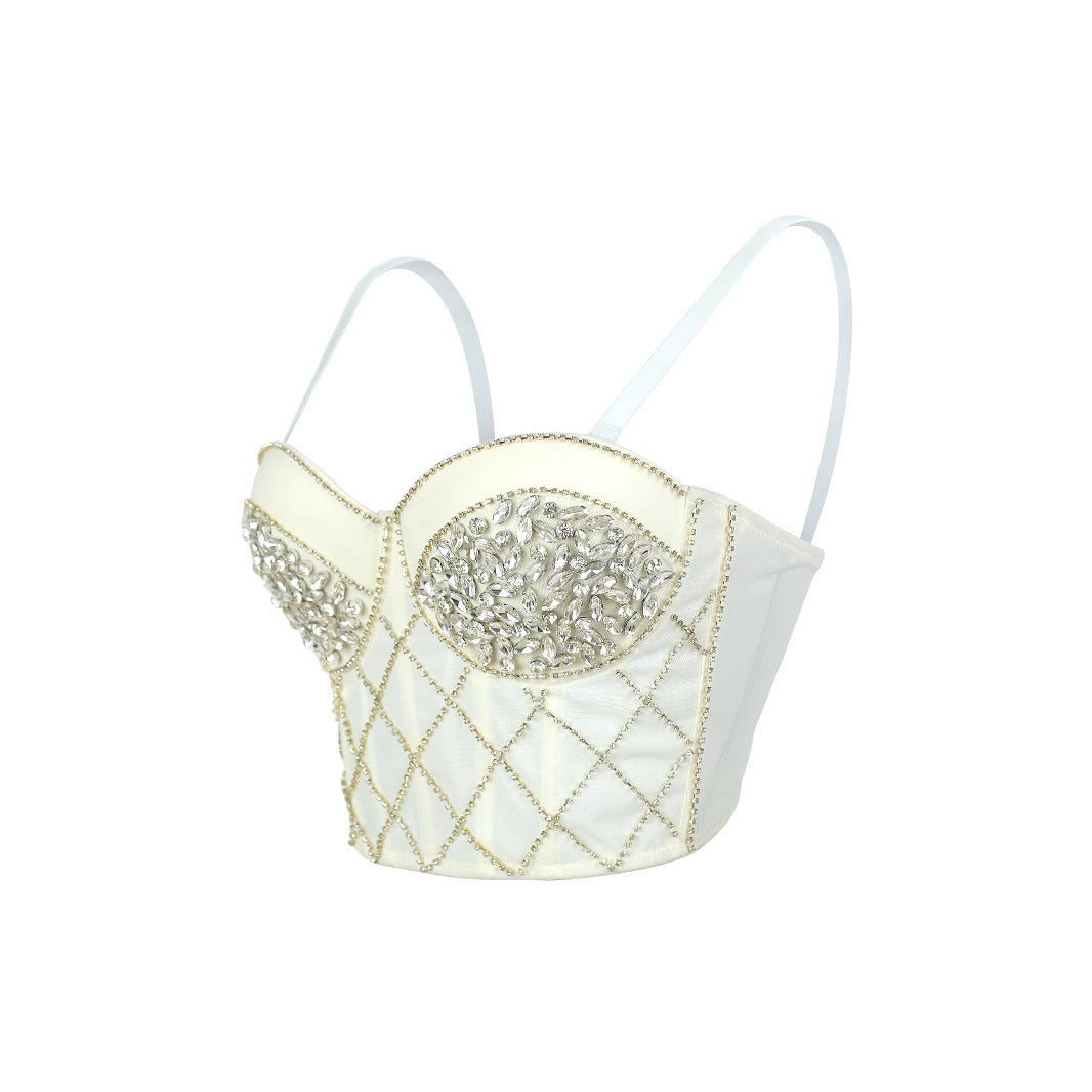 Strapless Bralette for Women with Rhinestone Pearl Diamond Pattern Heavy Workmanship
