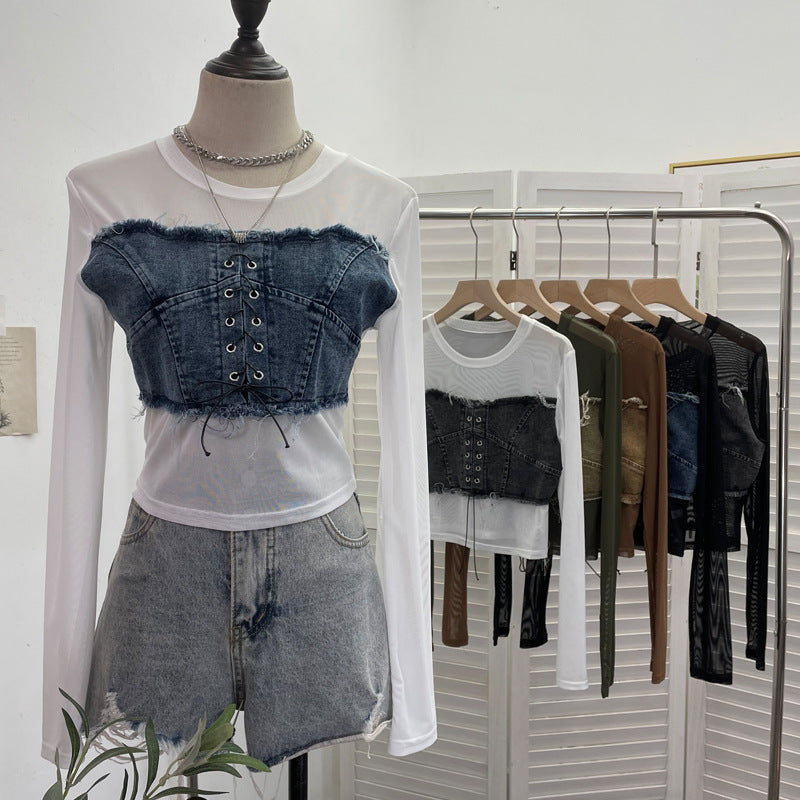 Denim Patchwork Frayed Binding Slim Long Sleeve Short Mesh Top T-Shirt