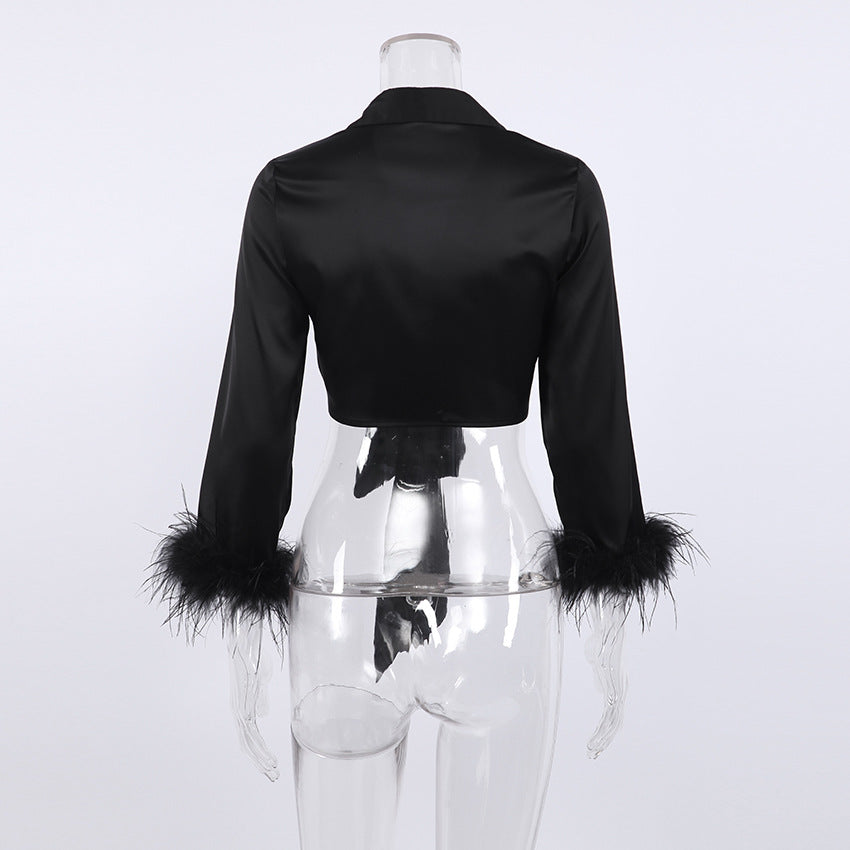 New Feather Shirt European Beauty Fashion Long Sleeve Satin Lace Short Puff Sleeve Top