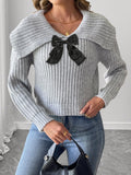 Women's Short Knit Sweater with Large Turn-Down Collar and Bow Detail