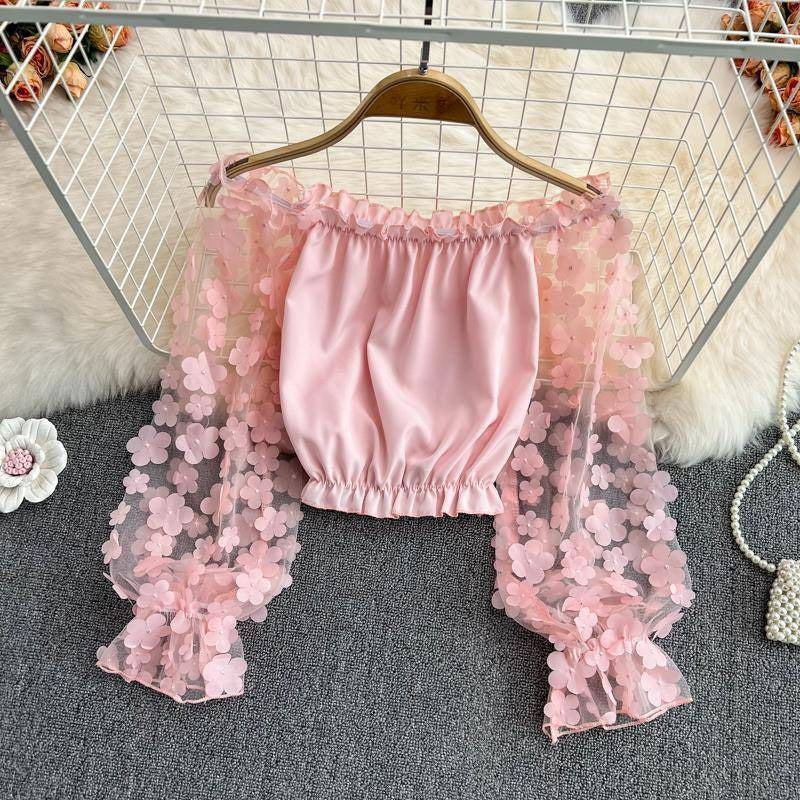 Top Off Shoulder Flores 3D Chifón Malla Mujer