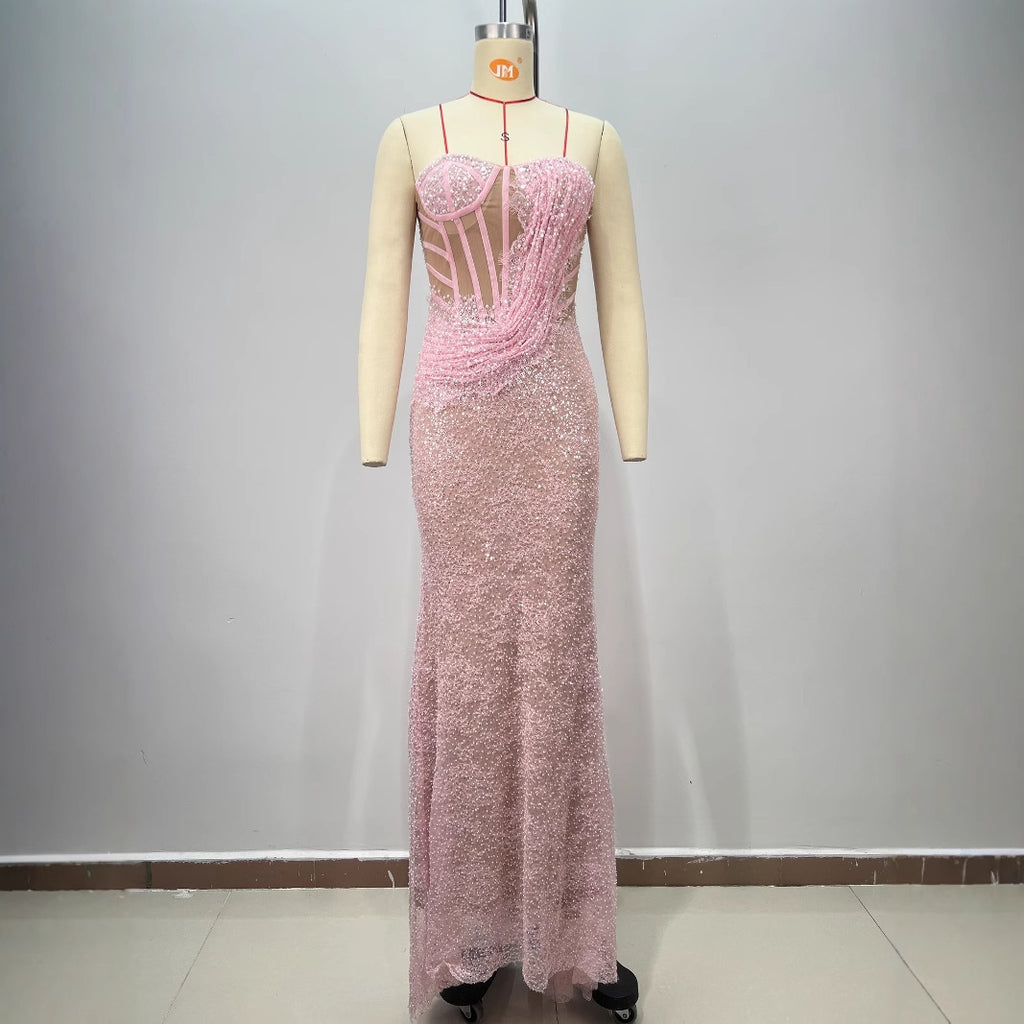 Vestido Largo Poliéster Un Hombro Sin Tirantes Espalda Descubierta Ballenas Abalorios Lentejuelas Ajustado Elegante Fiesta Mujer Rosa
