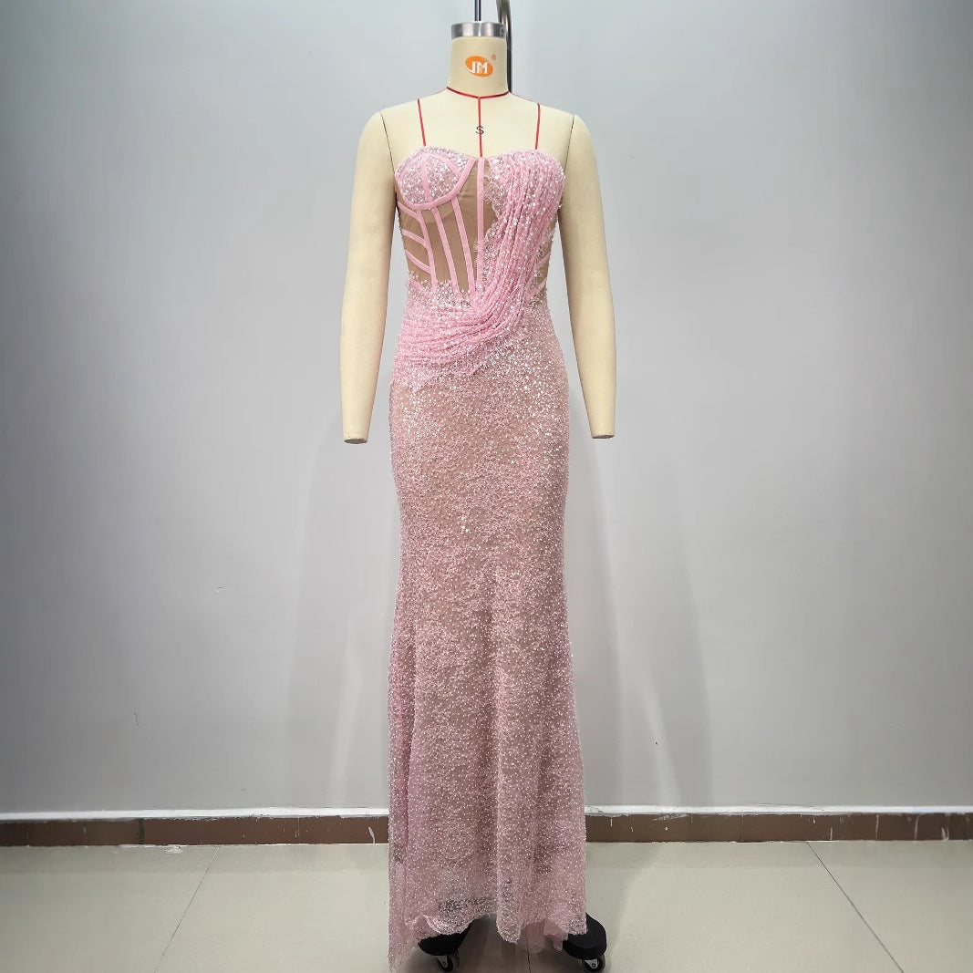 Vestido Largo Poliéster Un Hombro Sin Tirantes Espalda Descubierta Ballenas Abalorios Lentejuelas Ajustado Elegante Fiesta Mujer Rosa