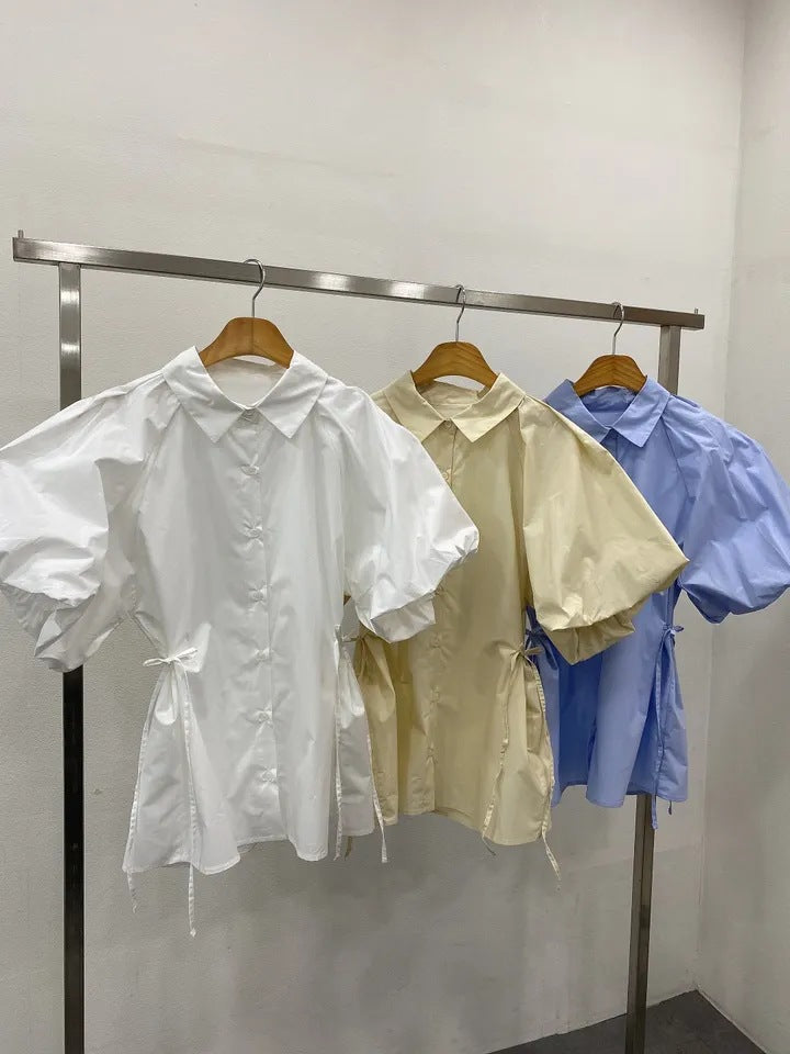Camisa Cuello Polo Manga Farol Cintura Ceñida Estilo Coreano Mujer