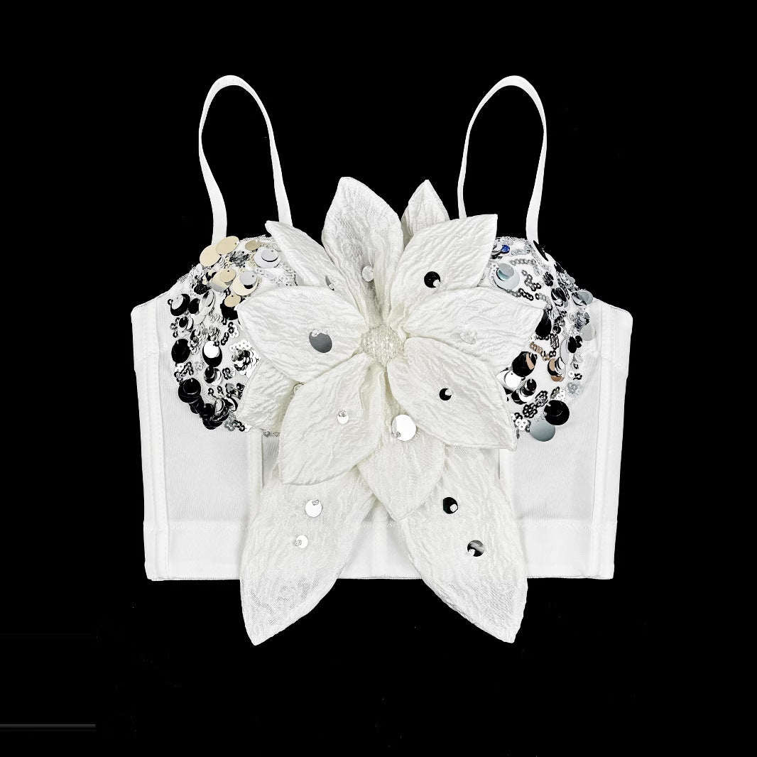 Top Bustier Lentejuelas Flores 3D Strass Moldeador Mujer