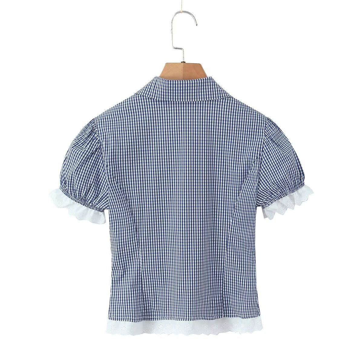 Conjunto Dos Piezas Camisa Cuadros Manga Tres Cuartos Botones Mini Falda Encaje Poliéster Casual Mujer