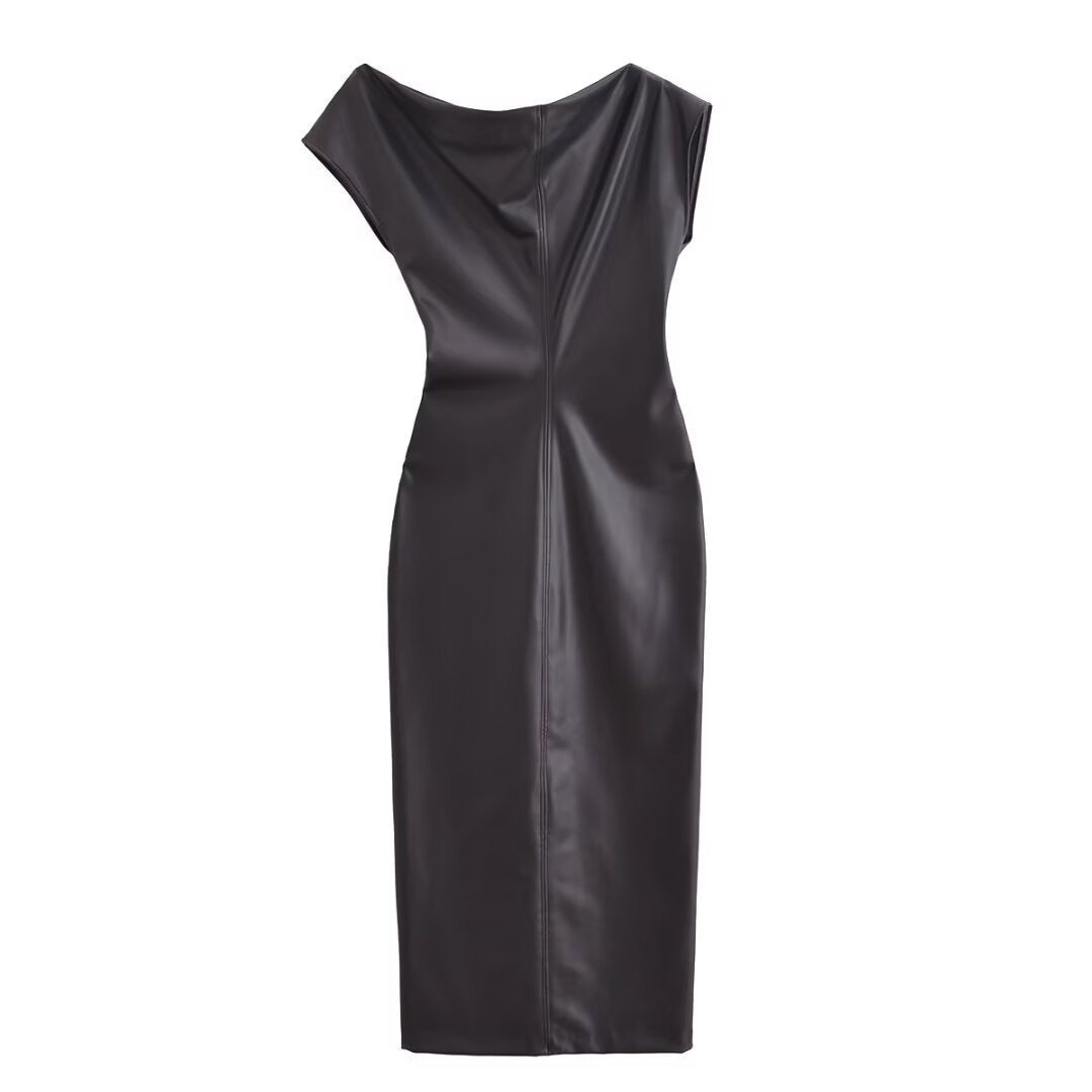 Vestido Largo Asimétrico Polipiel Plisado Manga Corta Slim Fit Mujer