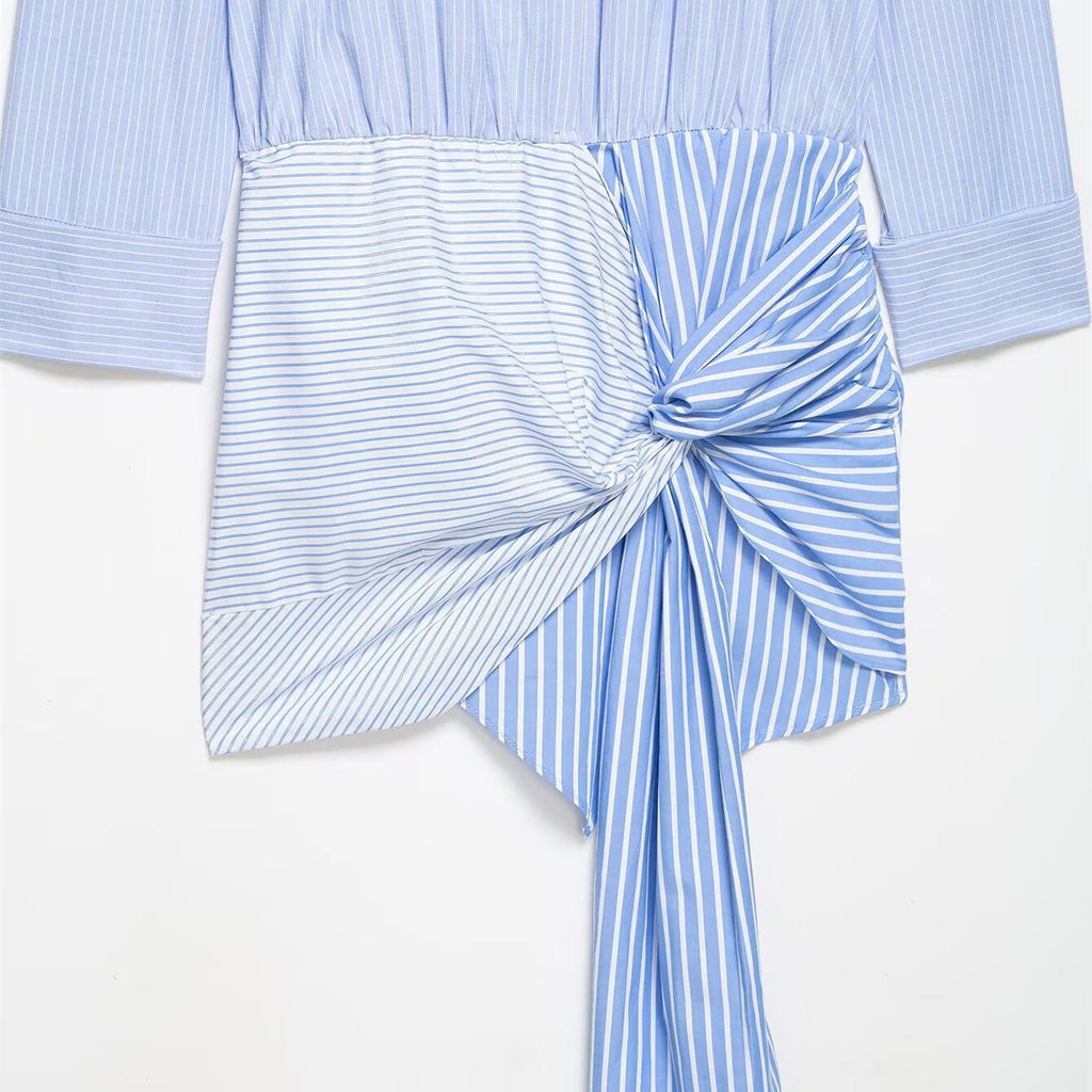 Vestido Camisero Azul Fruncido con Manga Larga Elegante