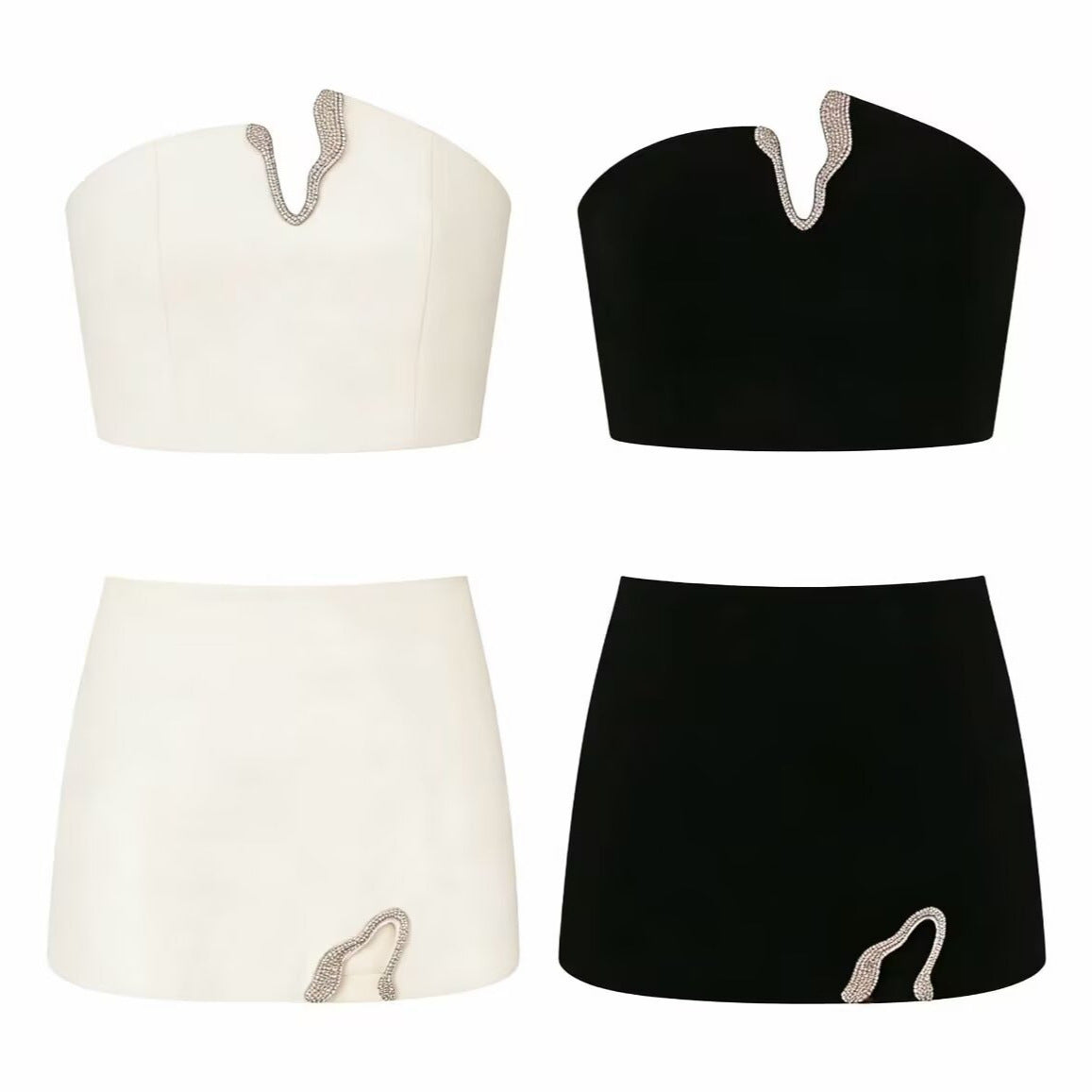 Conjunto Dos Piezas Top Bustier Strass Serpiente Mini Falda Poliéster Glamuroso Sexy Mujer Blanco Negro