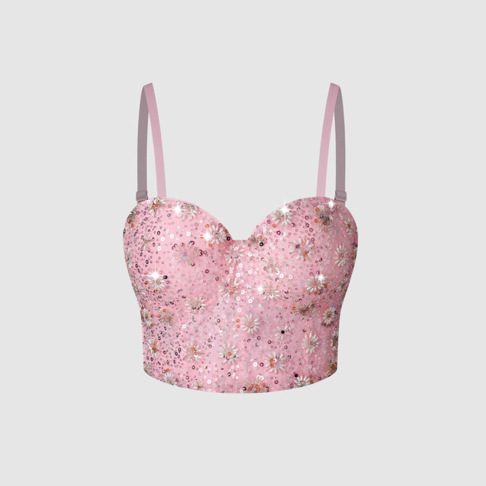 Women's Crop Top with Pink Sequins and Beads