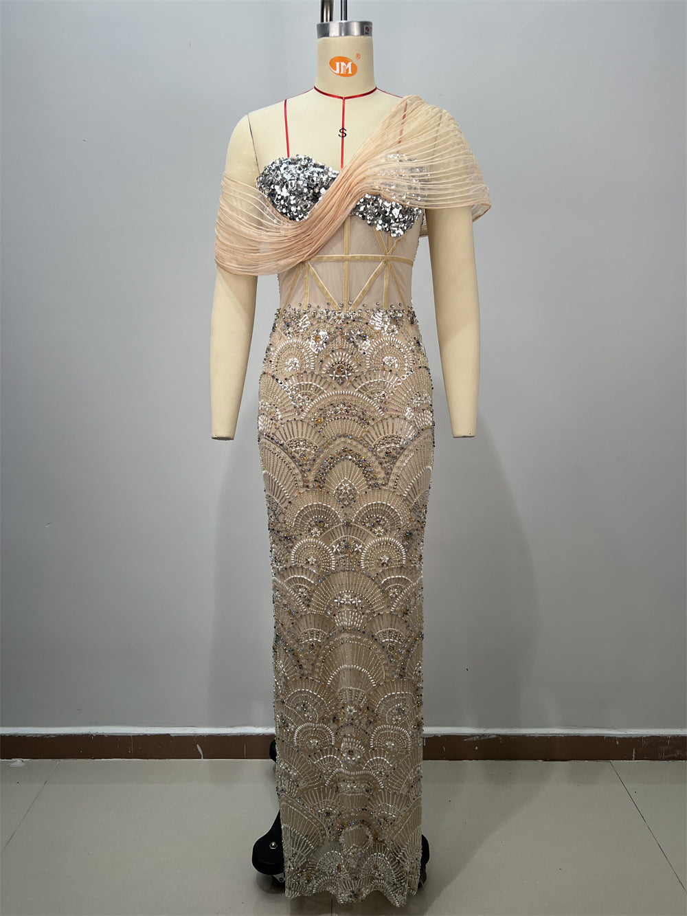 Vestido Largo Bodycon Un Hombro Sin Mangas Malla Empalmada Lentejuelas Sexy Elegante Fiesta Mujer Albaricoque
