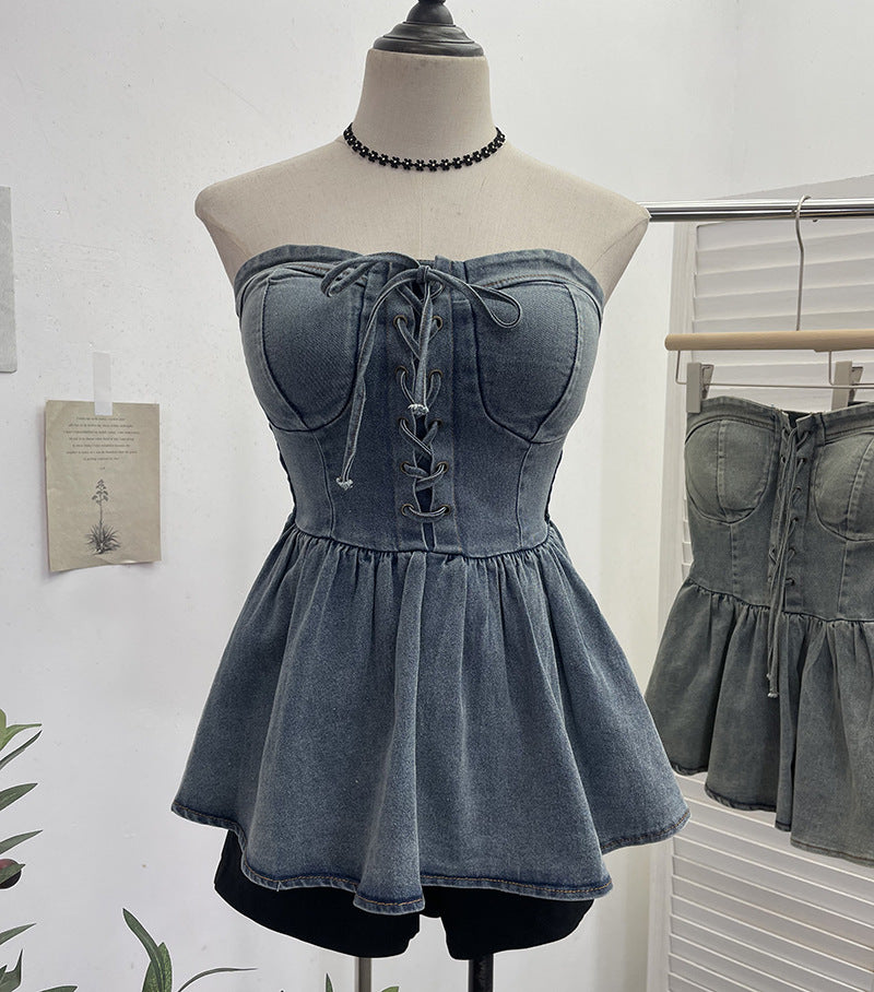 Strapless denim vest with rope tie and sleeveless top