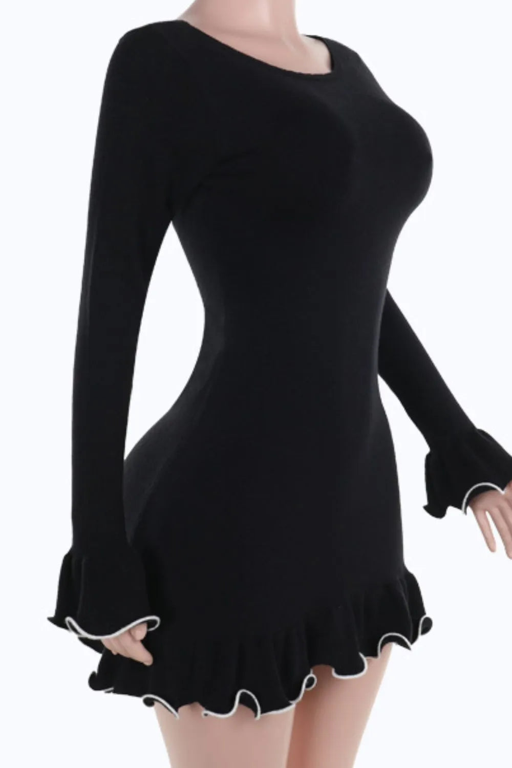 Vestido Mini Manga Larga Ribete en Contraste con Volantes Mujer