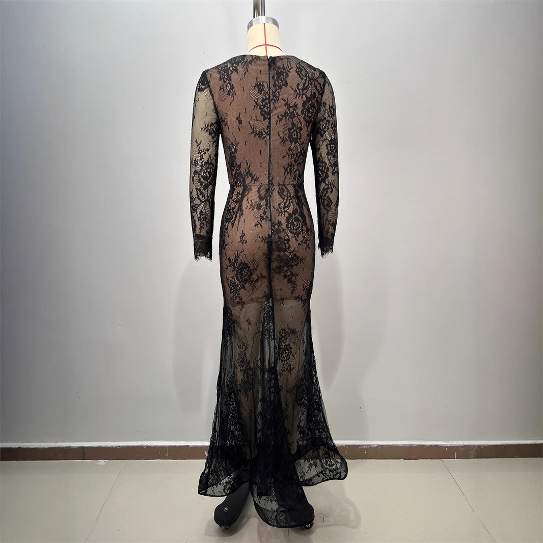 Vestido Largo Encaje Manga Tres Cuartos Escote V Ajustado Bordado Elaborado Elegante Fiesta Noche Mujer Negro
