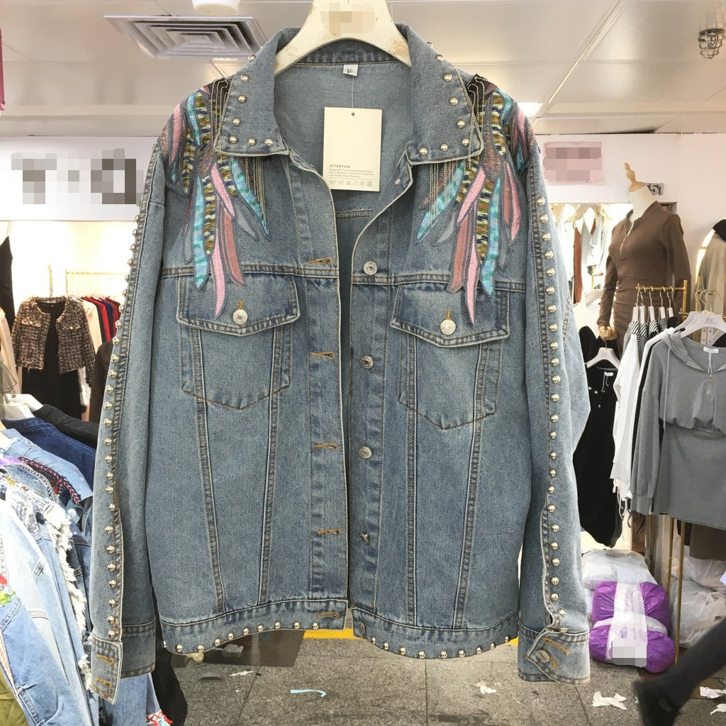 Chaqueta Vaquera Denim Algodón Holgada Manga Murciélago Bordado Alas Flecos Street Primavera Otoño Mujer Negro Azul
