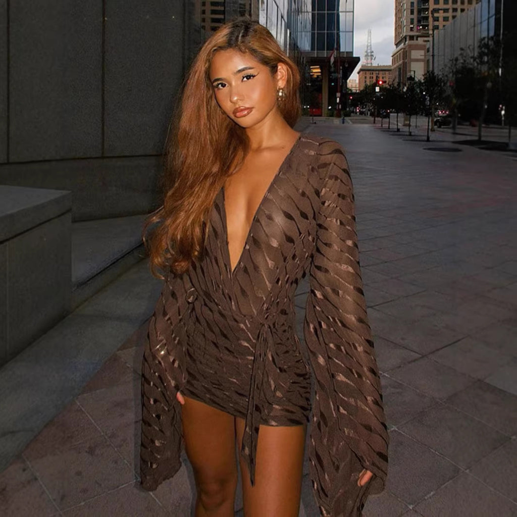Wave Pattern Flared Sleeve Deep V-Neck Fitted Bodycon Dress
