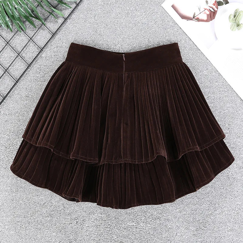 Velvet Tiered Mini Skirt  Low-Rise Ruffled Pleated Short Skirt in Brown Black Autumn Winter Vintage Outfit