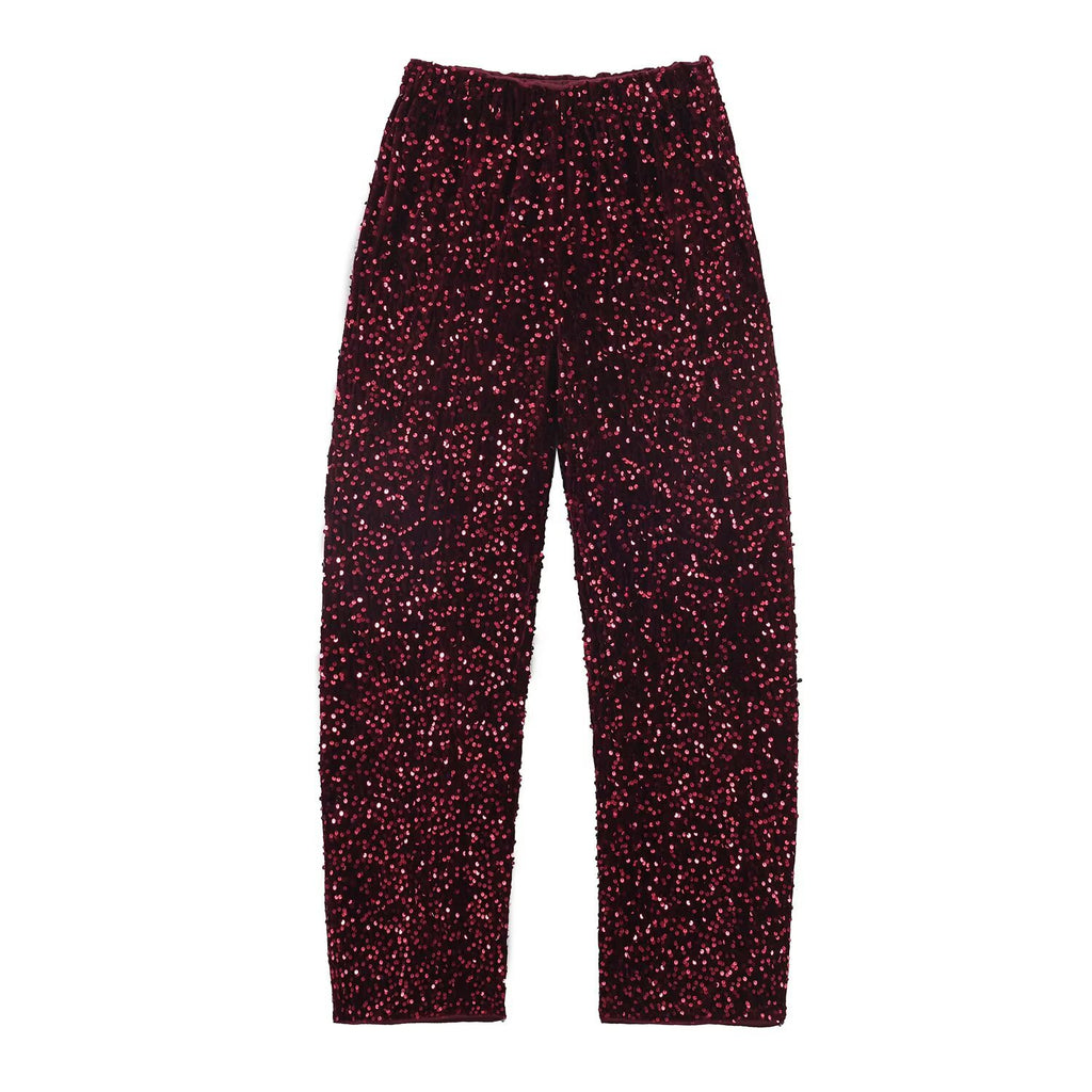 Conjunto Dos Piezas Top Sin Mangas Cuentas Bajo Pelo Sintético Pantalón Holgado Cuentas Glam Mujer Rojo
