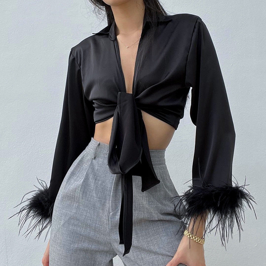 New Feather Shirt European Beauty Fashion Long Sleeve Satin Lace Short Puff Sleeve Top