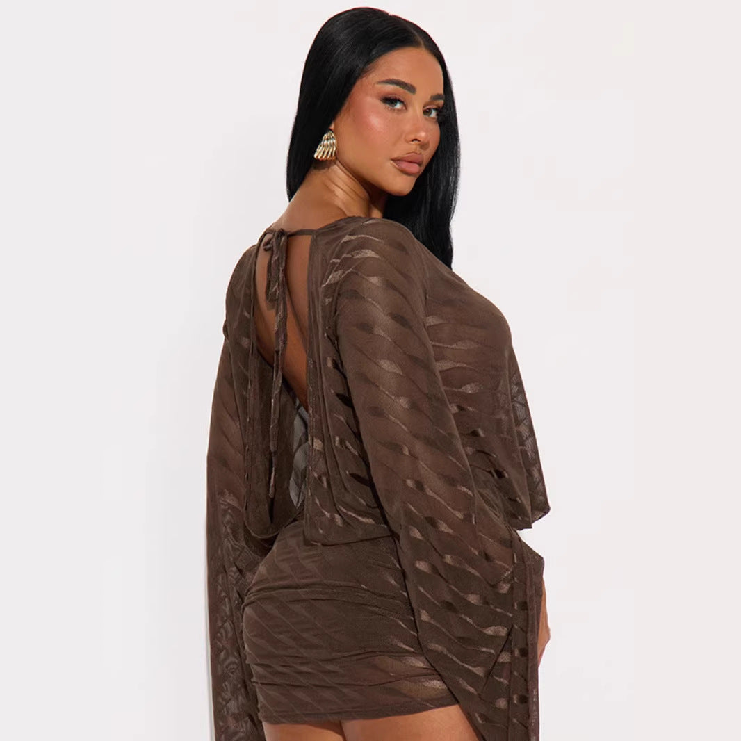 Wave Pattern Flared Sleeve Deep V-Neck Fitted Bodycon Dress