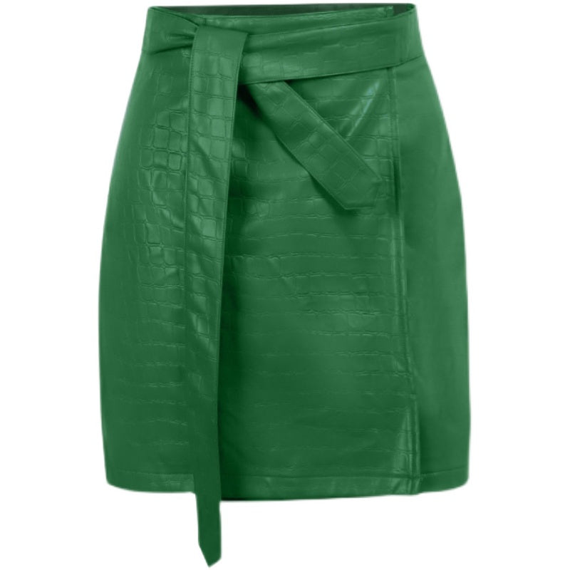 Mini Falda Envolvente Cuero Sintético PU Cintura Alta Abertura Tirantes Streetwear Hot Girl Verde Mujer