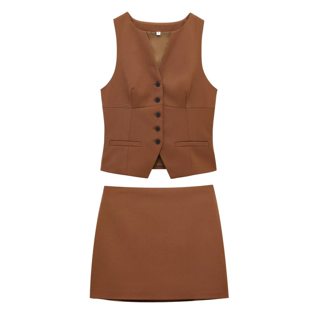 Women's Style One-Sided Pocket Vest Mini Skirt Set