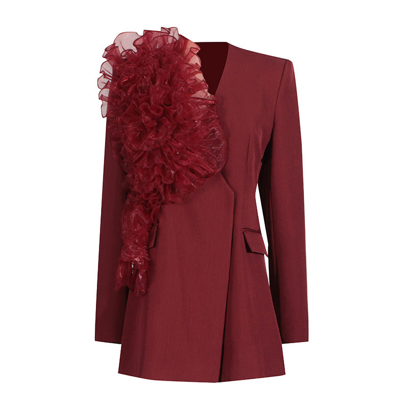 Blazer Poliéster Slim Fit Encaje Floral Empalmado Cuello V Manga Larga Elegante Alta Gama Mujer Rojo