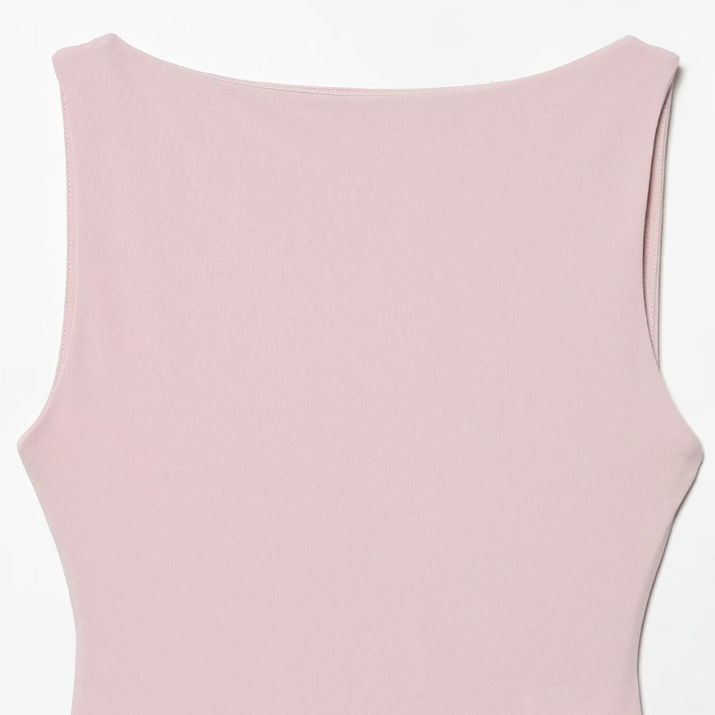 Vestido Largo Sin Mangas de Seda con Malla y Empalme Cuello Redondo Mujer