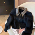 Jersey Punto Rayón Cuello Polo Abertura Delantera Manga Larga Talla Única Otoño Chic Commuter Mujer Negro Kaki Beige