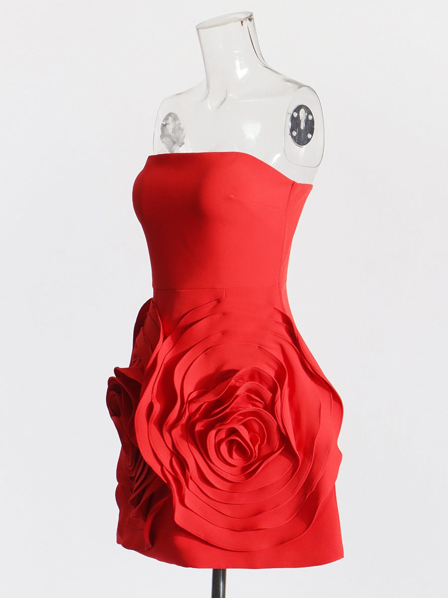 Vestido de fiesta para mujer con estilo femenino, palabra de honor, línea A, con rosas tridimensionales y grandes flores en patchwork.