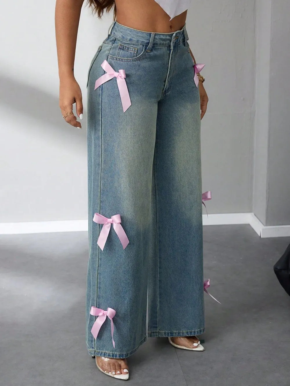 Vaquero Pierna Ancha Talle Alto Lazo Bolsillos Botones Denim Mujer
