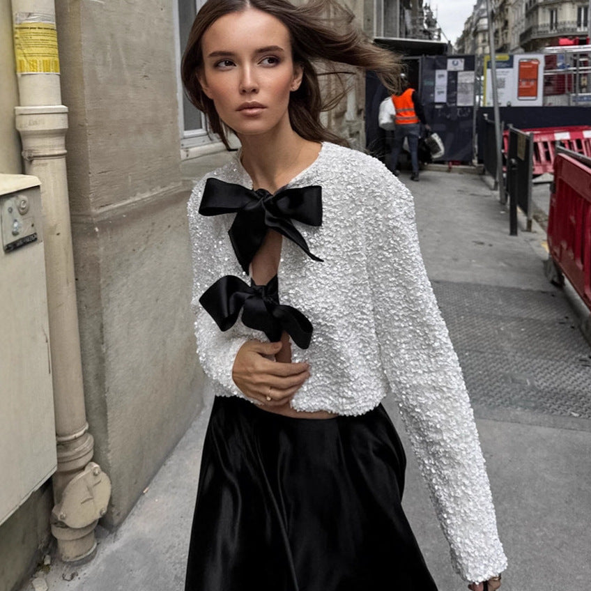 Jacket with Elegant Luxury Embroidered Sequins Round Neck Long Sleeve Short Top Cardigan