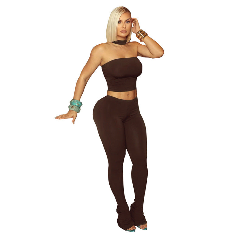 Style Crop Top with Strapless Bustier + Slim Fit Flared Pants Two-Piece Set