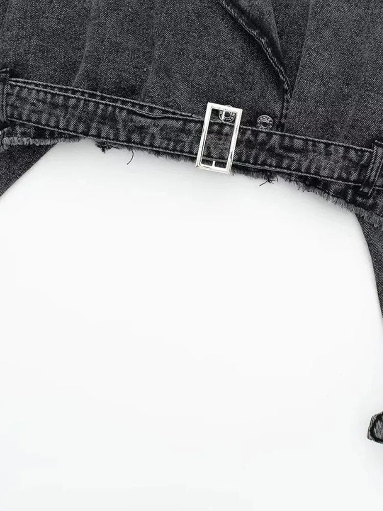 Chaqueta Vaquera Corta Denim Algodón Cinturón Manga Larga Solapa Bomber Streetwear Otoño Mujer
