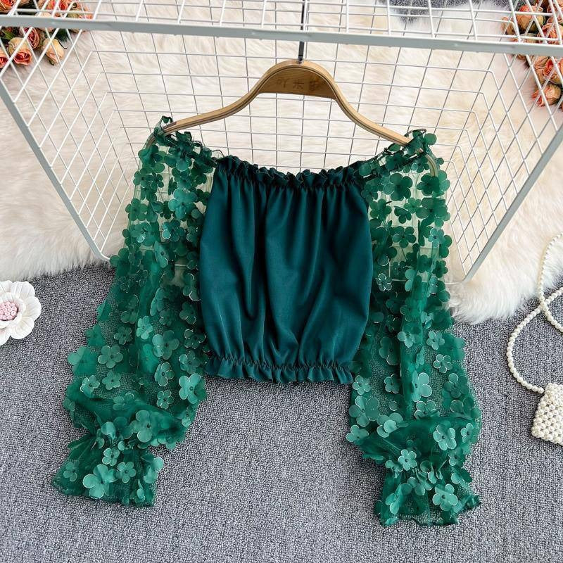 Top Off Shoulder Flores 3D Chifón Malla Mujer