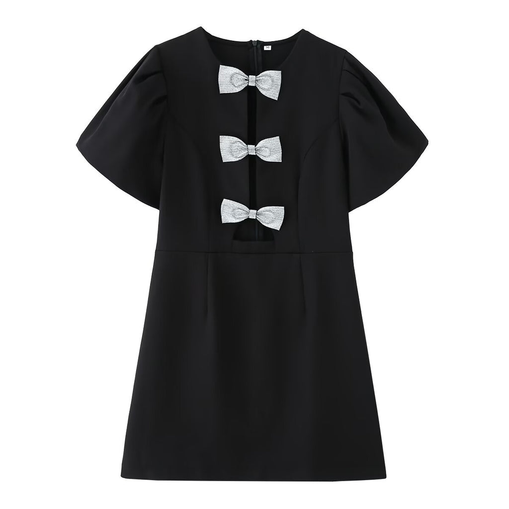 Vestido Mini Corto con Lazo Manga Abullonada Falda Vuelo Mujer